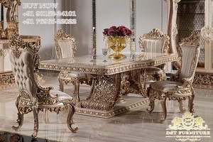 Muebles de comedor con acabado metálico plateado, muebles de comedor clásicos con acabado metálico para el hogar, comedor de lujo tallado pesado - Product Image 5