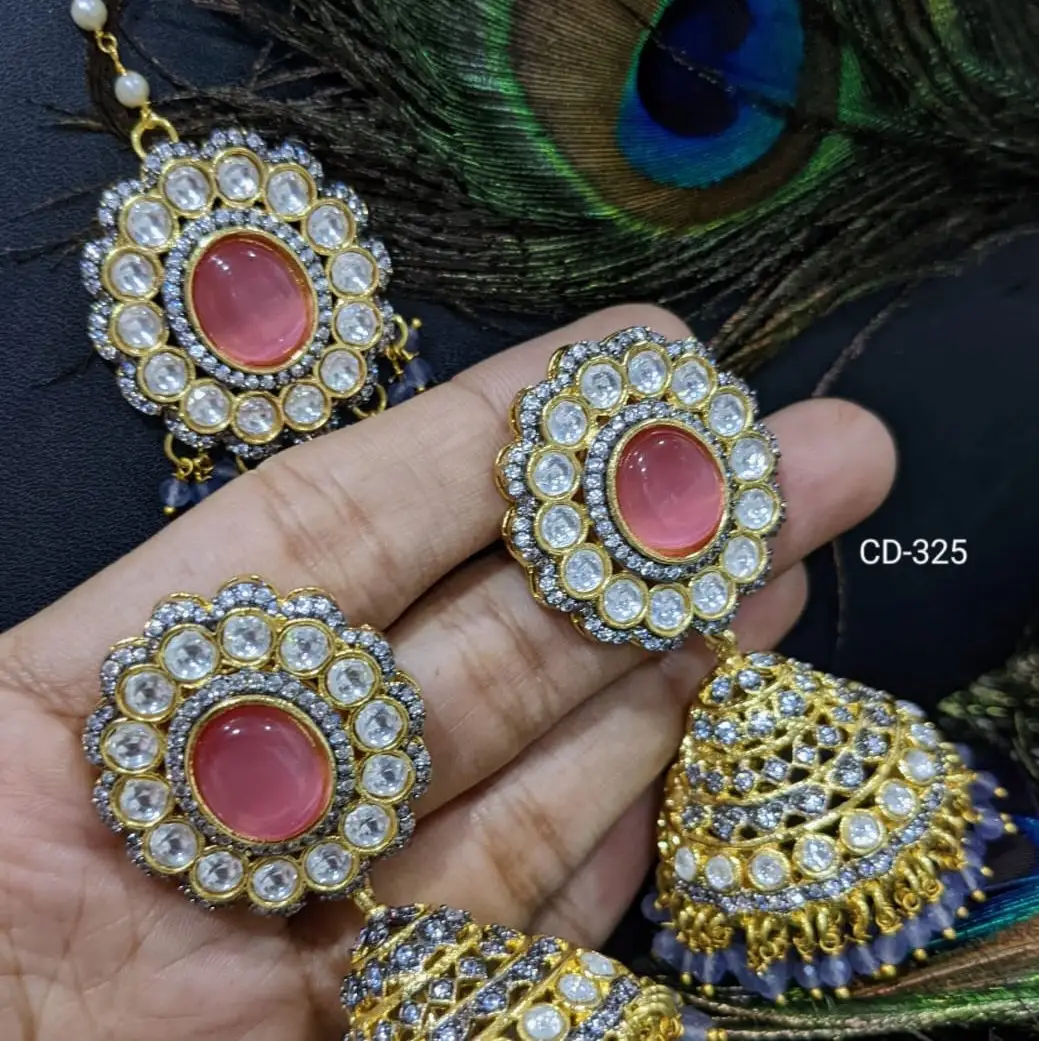 Indian Traditional Jewelry Kundan Pearl Jhumka Designer Dangle Earring with Tika at Wholesale Price Available in multi Colors