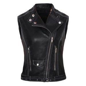 Women's <b>Red</b> PU Leather Sleeveless Biker Vest With Zipper Closure And <b>Belted</b> Waist - Product Image 4
