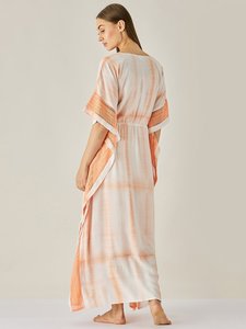 La última colección caliente Tie Dye Kaftan Gypsy Chic Tela de rayón Cuello en V Mangas cortas Ajuste suelto Hasta el suelo Cómodo Kaftan - Product Image 5