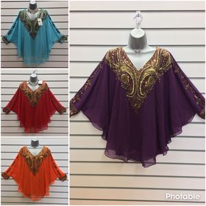 Robe kaftan en georgette haute couture, style court, perles brodées à la main, taille unique, femme adulte, soirée, mariage, cocktail, soirée - Product Image 6