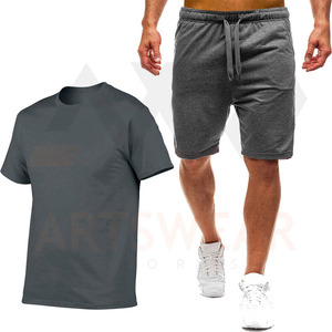 Vente en gros des meilleures ventes de t-shirt et short d'été pour hommes Gym Fitness 100% coton Logo personnalisé solide écologique deux pièces 2022 - Product Image 5