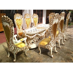 Luxury Golden Carved Teak Wood Dining <b>Table</b> Set Modern Style Gold Plated - Product Image 1