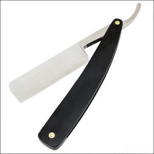 Cuchillas de afeitar para Barbero, cuchillas de afeitar de corte recto, mango negro, acabado plateado, hoja fija de acero inoxidable - Product Image 1