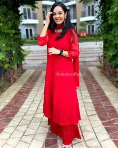 Pakaian Pesta Desainer Terbaru Pakaian Festival Bordir Katun Kurti dengan Palazzo Dupatta Gaun Wanita Formal