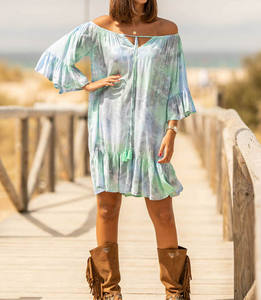 เดรสคลุมไหล่ผ้าเรยอนผูกย้อมสีสำหรับผู้หญิงชุดชายหาดฤดูร้อนพิเศษ - Product Image 1