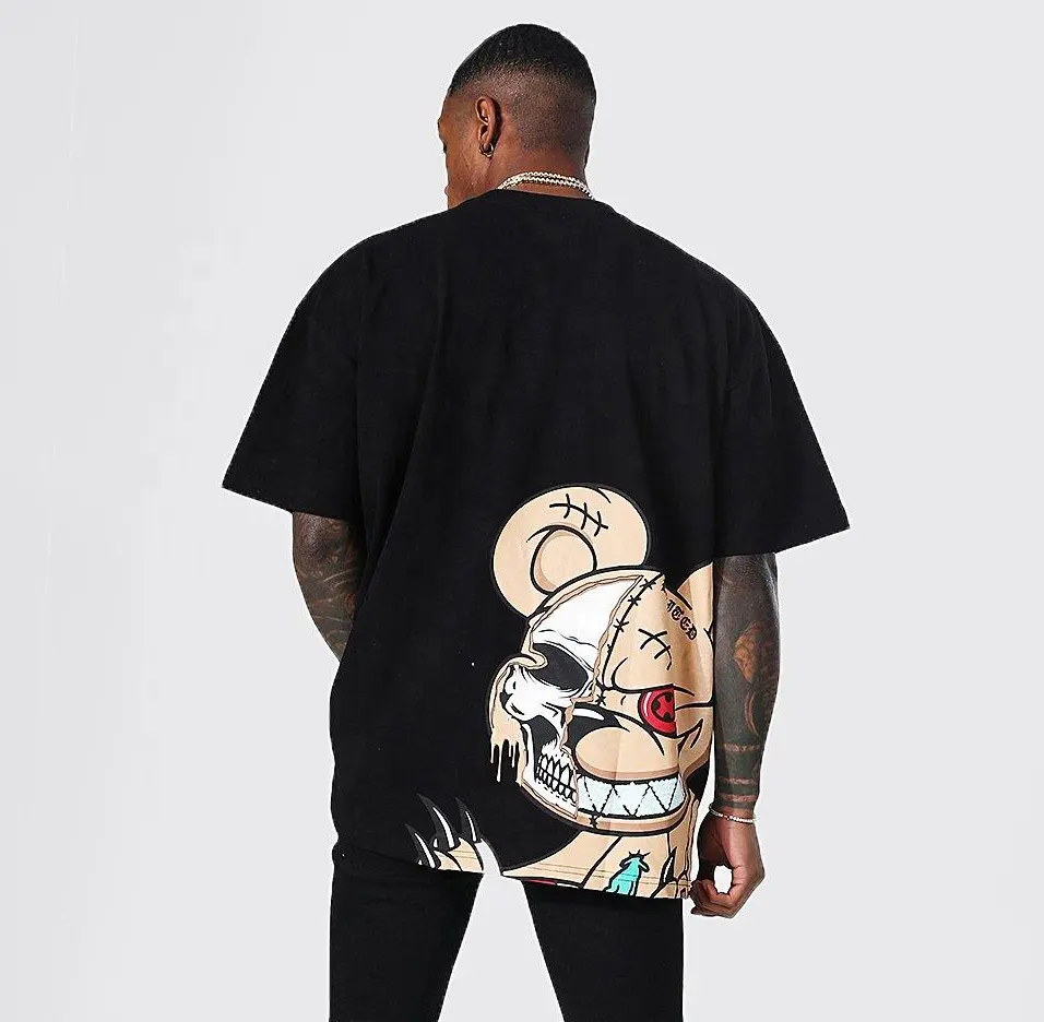 Erkek damla omuz kötü oyuncak ayı özel grafik baskılı casual streetwear Hip hop pamuk Tee gömlek