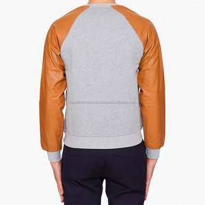 Personnalisé votre propre logo pour homme sweat-shirt brodé col ras du cou moutarde et gris clair pull manches en cuir - Product Image 3