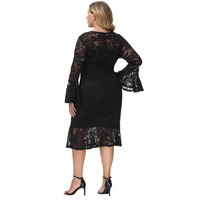 Robe crayon en dentelle à volants pour femmes, manches longues, col ras du cou, grande taille