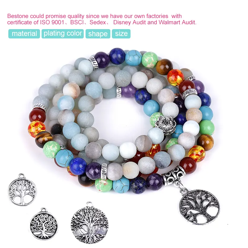 Bestone 108 Mala Beads Wrap Bracelet Necklace Yoga Tree Of Life Charm Bracelet Natural Stone 7 Chakras Prayer Jewelry
