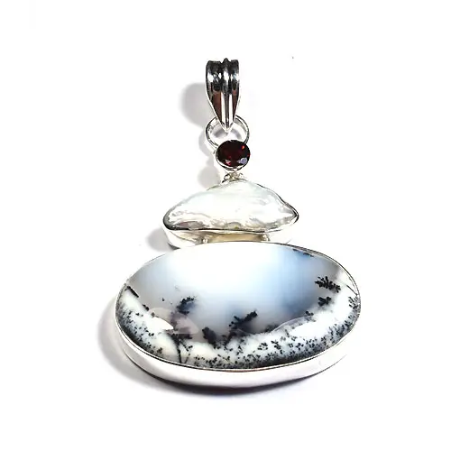 Top selling boho chic white dendrite agate sterling silver pendant