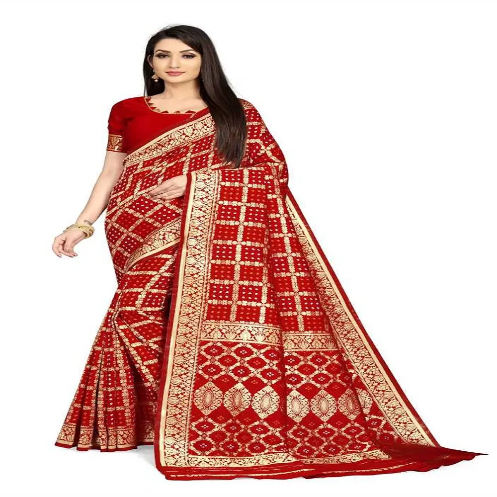 Banarasi ผ้าไหมสีแดง,ผ้าโพกหัวสไตล์ฮานีดีไซน์เนอร์พร้อมเสื้อส่าหรีสำหรับสุภาพสตรีช้อปปิ้งออนไลน์