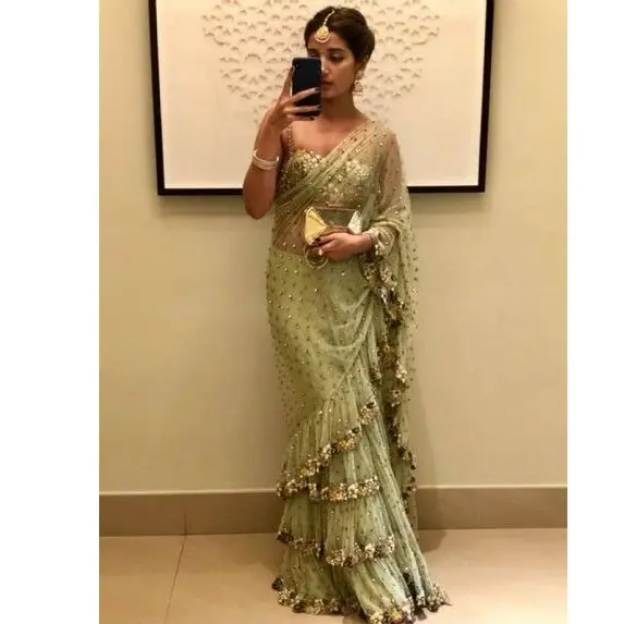 light green color good selling Pakistani and Indian saarree dress designer sarree saree sari by AJM TRADE HOUSE model 1039