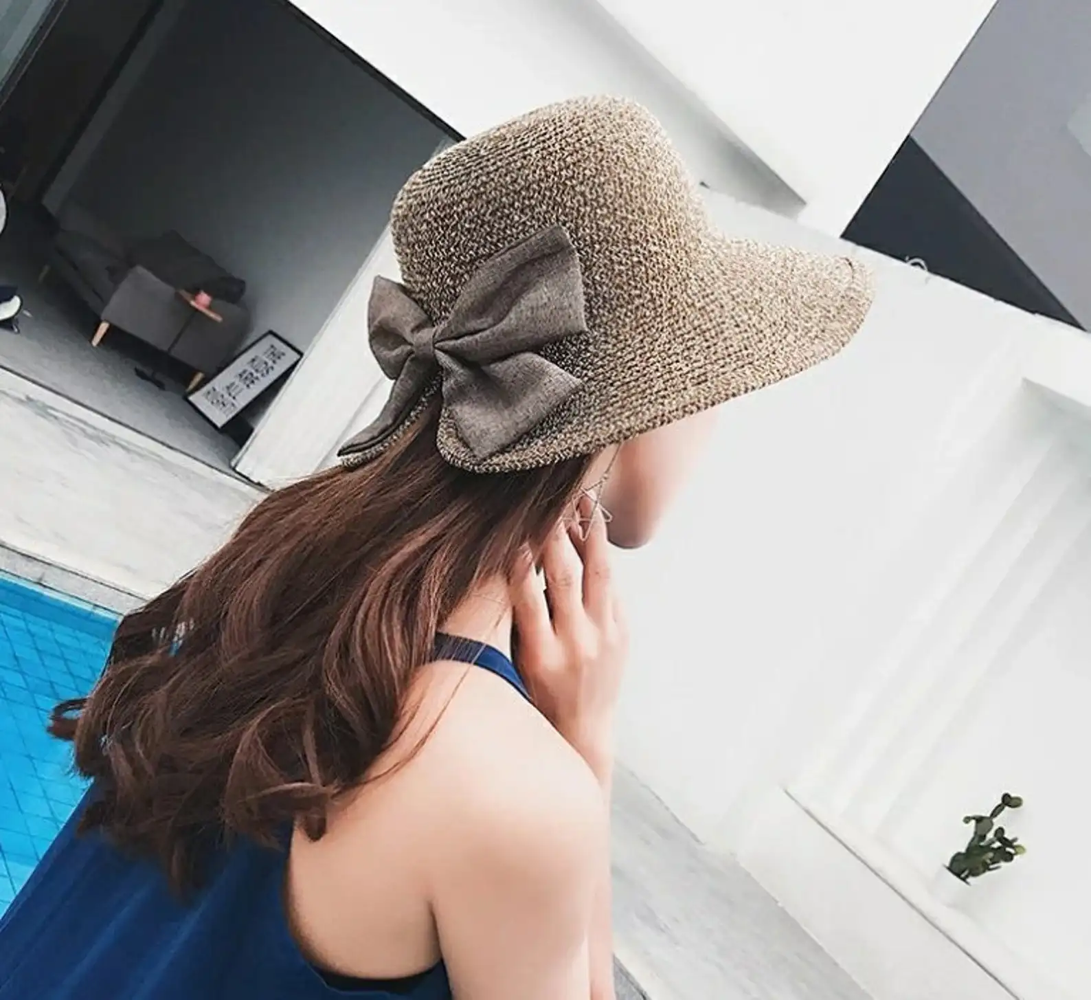 בציר קיץ קש כובע חוף כובע עם קשת, קיץ כובע עם סרט אופנה שמש HatChristmas מתנה