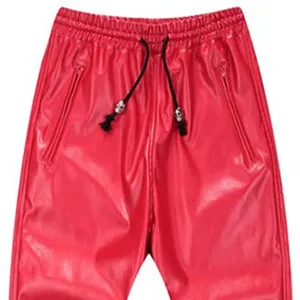 Celana Joger kulit pria, bawahan kulit warna merah polos dengan tali serut dengan harga terbaik