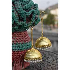 latest fashion traditional designer indian style golden brass hoop <b>long</b> big jhumka <b>earing</b> for women and girls - Product Image 3