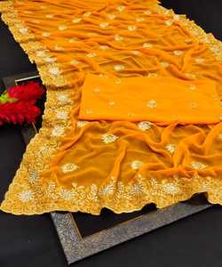 Ropa de fiesta Diseñador Bordado Red Diseño de flores de seda Ropa de mujer India Color naranja Sari con pieza de blusa Perla Trabajo Sari Prenda - Product Image 6