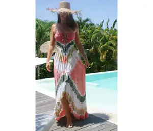 Hot Sell Production Tie Dye Off Shoulder Bodycon Maxi Dress Fashion Casual Ladies Cotton Clothing Beach Cover Dress