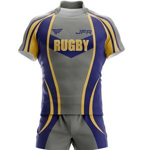 Conjuntos de uniformes de rugby personalizados 100% poliéster característica transpirable con logotipo de sublimación e impresión de números - Product Image 1