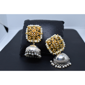 Boucles d'oreilles créoles en laiton dorées, style jhumka, ornées de pierres kundan, faites à la main, dernière mode traditionnelle 2025, pour filles et femmes - Product Image 3