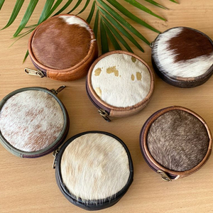 Real Handmade Hair on Hide Fur Leather Coin Change Purse Round Credit <b>Card</b> Holder Case Western Stylish Cute Small Round <b>Wallet</b> - Product Image 1