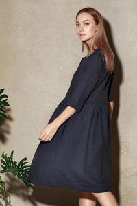 Robe mi-longue en crêpe de lin bleu foncé, col rond, manches longues, coupe trapèze, formelle, respirante, ample, couleur unie, pour les vacances d'été - Product Image 2