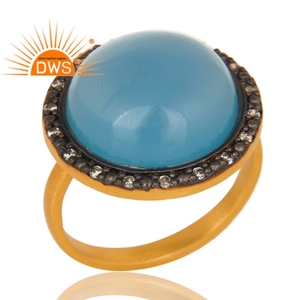 White Zircon And Blue Chalcedony Gemstone 18k Yellow <b>Gold</b> Plated Silver Designer <b>Cocktail</b> <b>Ring</b> Jewelry Supplier - Product Image 2