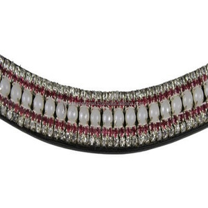 Bande de front de cheval de luxe en cuir anglais noir bande de front en cuir rembourré avec perle rose à 5 rangées et design en cristal clair - Product Image 2