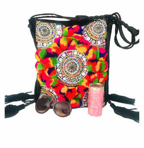 Bolso de Mano Bohemio para Mujer, Estilo Gitano, Bordado a Mano, Lona, Forro de Cuero Genuino, Logotipo, Decoración con Pompón, Cierre de Cremallera - Product Image 3
