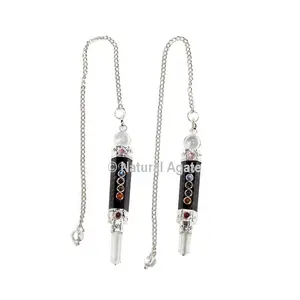 Pemasok langsung kerajinan ramalan hitam turmalin tujuh Chakra pendulum untuk dijual 7 chakra kandang pendulum dengan rantai