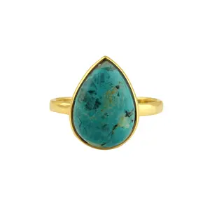 Top Qualité Belle 12x16mm Naturel Chrysocolle Gemstone Bezel 18k Plaqué Or Sterling Silver Poire Forme Dainty Ring Pour Elle