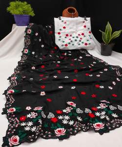 Sari en soie brodé de créateur, conçu sur mesure pour les fêtes, avec pièce de chemisier, bordure en dentelle de soie douce, tenue de mariage, dernière collection de vêtements pour femmes - Product Image 4