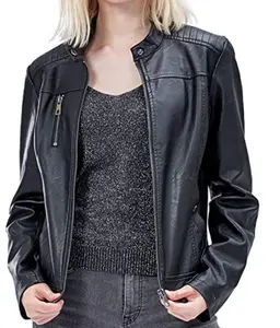 GAF jaket kulit kulit wanita, pakaian kulit tebal hangat kerah bulu motor untuk musim dingin