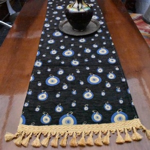 Bohemian Printed Table Runner With Blue Dot Pattern And Tassels For Home Decor - Product Image 1