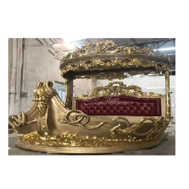יוקרה עץ גילוף סירת מיטת עבור וילה זהב עתיק מלכותי מראה עגול מיטת ויקטוריאני סירת סגנון מלכת גודל מיטת עיצוב