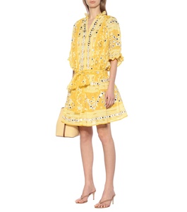 Nuevo Vestido Mini con Cuello en V, Transpirable, de Cintura Natural, con Lentejuelas Espejadas y Motivo Geométrico Amarillo Brillante, de Algodón Adornado, a la Moda - Product Image 1