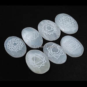 <b>Chakra</b> <b>Set</b> Exporter | Selenite with Engraved <b>Chakra</b> Symbol Cabochon <b>Set</b> - Product Image 1