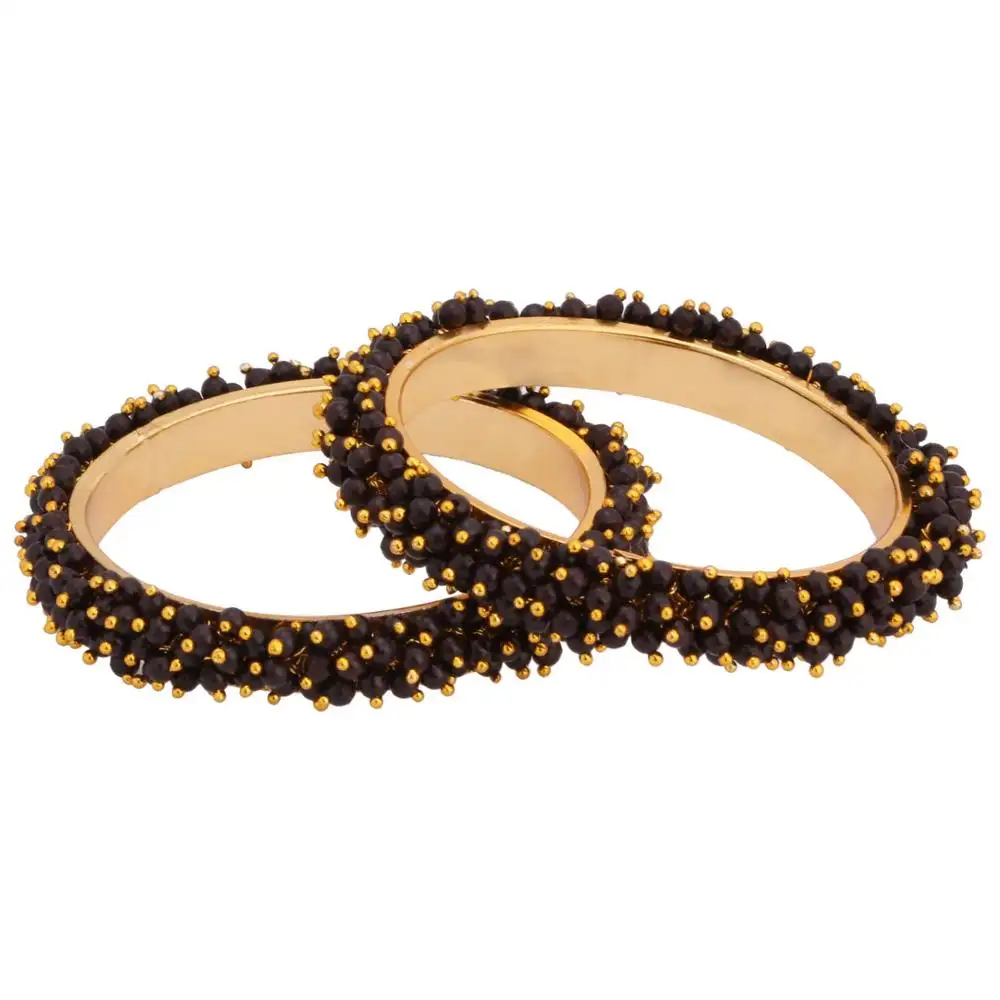 Gioielli di moda Bollywood indiani colore nero 14 K placcato oro Faux Pearl (2 pezzi) bracciali Set di braccialetti per donna