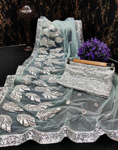 Ropa de fiesta de diseñador, bordada, Red de seda, diseño de flores, ropa de mujer india, color naranja, saree, con blusa, pieza, Perla - Product Image 2