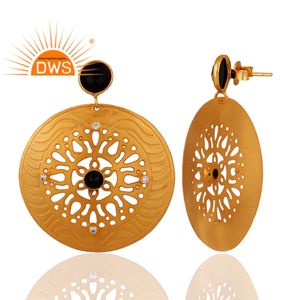 Natural Black Onyx CZ Earrings Fashion Jewelry Manufacturer Designer Gold Plated Brass Filigree Dangle Earrings - Product Image 2