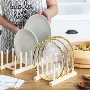 Bamboo Wooden Dish Rack Plate Display Rack Stand Pot Lid Holder Kitchen Cabinet Organizer for Plate Bowl Cup