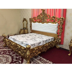 Traditional Teak Wood Handcrafted Maharaja <b>Bed</b> Luxury Solid Wood <b>Bed</b> With Nightstands Classic Golden Carved <b>Bed</b> With Side <b>Stools</b> - Product Image 1