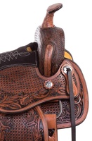 Sillín de caballo occidental de cuero genuino premium teñido en tambor con estructura de plástico, cómodo y duradero, juego de brida repujada para senderismo y ocio.