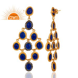 ชุบทอง925เงินออกแบบต่างหูโคมระย้าเพทายสีฟ้าคอรันดัมพลอยต่างหูผู้ค้าส่งเครื่องประดับ - Product Image 3