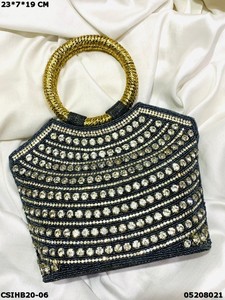 Beaded Evening Bag With Gold Ring Handle Sparkling <b>Black</b> Frame Style Elegant Party Handbag - Product Image 2