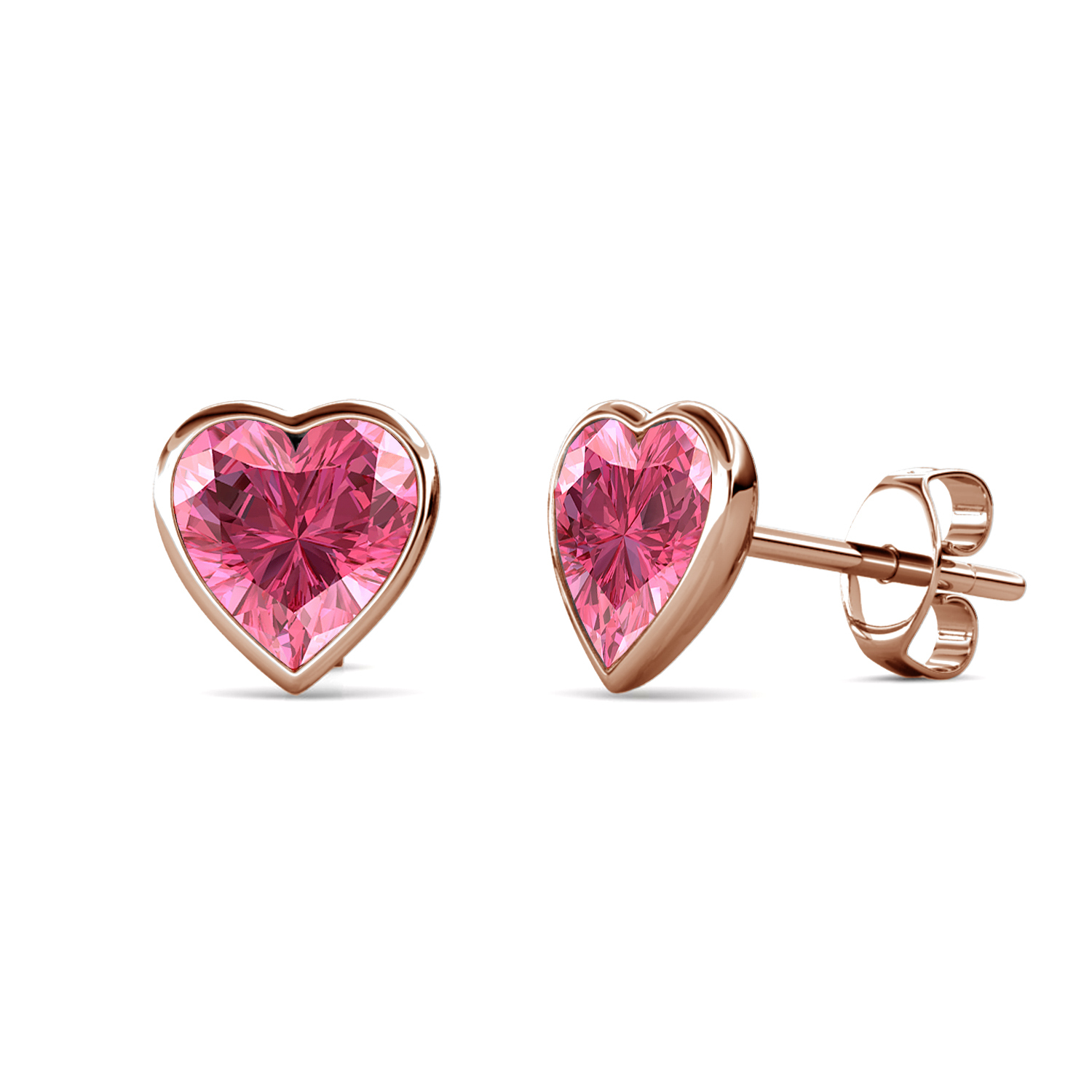 Brass With 18k RG Bright Pink Heart Shaped Crystal Stud Earrings