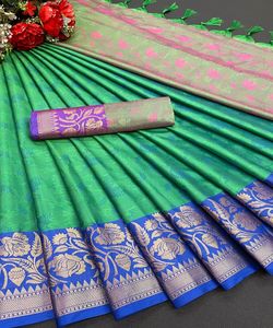 Dernières tenues de soirée Saree en soie de créateur avec chemisier Séquence de travail Look traditionnel multicolore Stock en gros de vêtement ethnique - Product Image 5