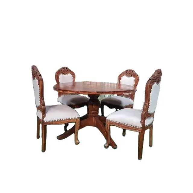 WOODEN DINING TABLE SET UPHOLSTERED CARVED ROUND DINING TABLE AND CHAIRS SET ANTIQUE LUXURY DINING ROOM FURNITURE