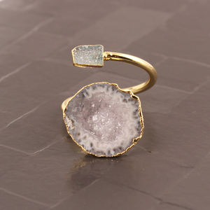 แหวน Druzy และ Druzy สีเทาธรรมชาติ,แหวนทองเหลืองชุบทอง24K แหวนปรับขนาดได้แฮนด์เมดแหวน Boho - Product Image 1