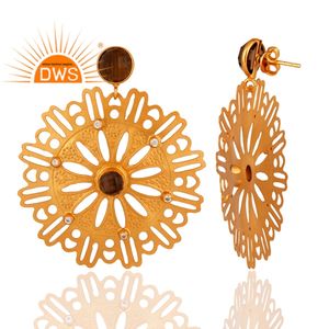 Pendientes de piedras preciosas de cuarzo ahumado de circón, venta al por mayor, diseñador de filigrana, Pendientes colgantes chapados en oro de latón, joyería, Colección clásica - Product Image 3